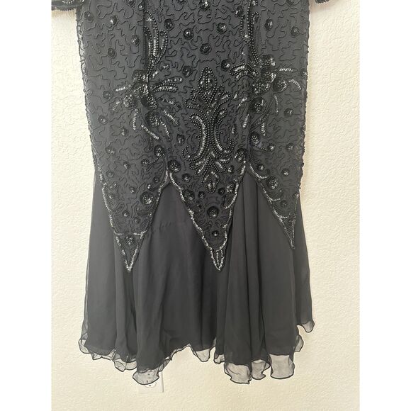 Oleg Cassini Vintage 70s/80s Silk Black Beaded Cocktail Dress 20s Style Flapper - Picture 4 of 13